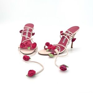 Manolo Blahnik Spring 2016 Xafiore Rose Ankle Strap Sandals 37